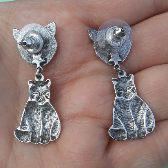 drop dangle cat earrings silver tone metal - Picture 10 of 11